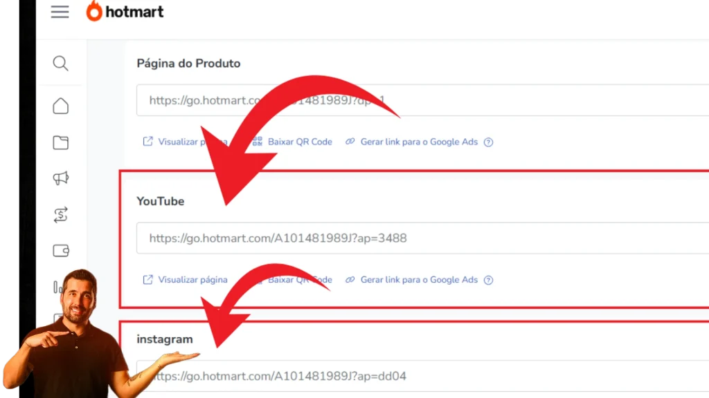 Youtube e instagram link da hotmart